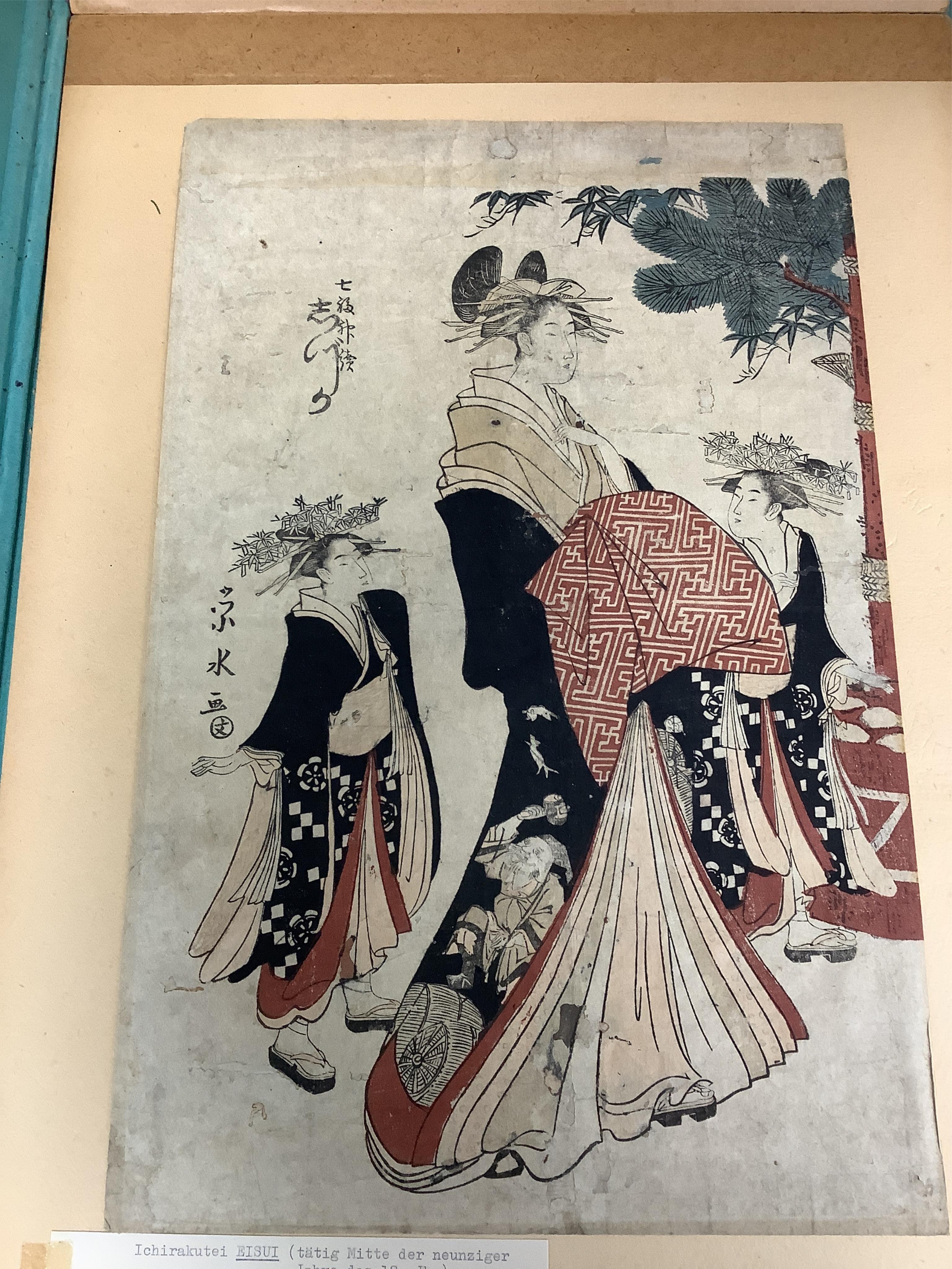 Four Japanese woodblock prints to include works by Torii Kiyotsune, Kitagawa Utamaro and Ichiarkutei Eisui, Women wearing kimonos and kabuki actors largest 37 x 24cm, mounted, unframed. Condition - fair